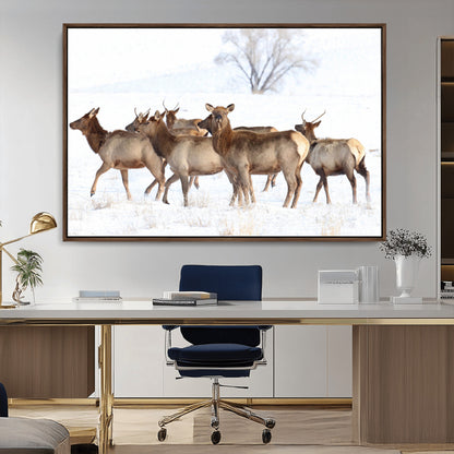68738684-MGV-CV-36X24-Winter Elk Scene Wall Art Canvas Print, Framed Wildlife Photography Art Picture Print, Snowy Deer Decor Perfect Rustic Lodge Decor