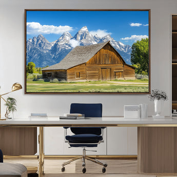 75948467-MGV-CV-36X24-Mountain Barn Scene Wall Art Canvas Print, Framed Rustic Farmhouse Style Art Picture Print, Country Cabin Decor Perfect Rustic