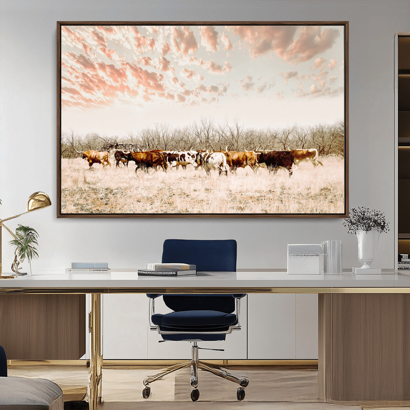 43704663-MGV-CV-36X24-Country Cow Herd Wall Art Canvas Print, Framed Farmhouse Cattle Scene Art Picture Print, Rustic Ranch Decor Perfect Rustic