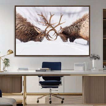 36507609-MGV-CV-36X24-Elk Clash Scene Wall Art Canvas Print, Framed Wildlife Strength Decor Art Picture Print, Snowy Forest Elk Perfect Rustic Lodge