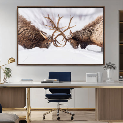 36507609-MGV-FC-36X24_Walnut-Elk Clash Scene Wall Art Canvas Print, Framed Wildlife Strength Decor Art Picture Print, Snowy Forest Elk Perfect Rustic Lodge