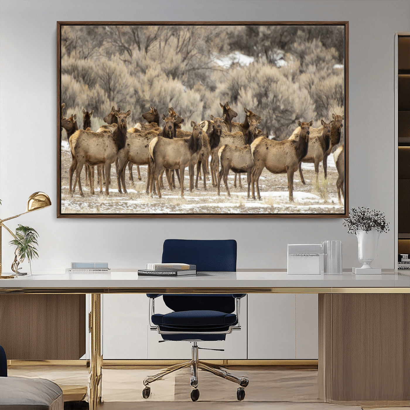 90269422-MGV-CV-36X24-Elk Herd Scene Wall Art Canvas Print, Framed Rustic Wildlife Decor Art Picture Print, Western Cabin Style Perfect Rustic Lodge