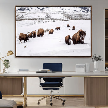 13891210-MGV-CV-36X24-Bison Herd Scene Wall Art Canvas Print, Framed Western Wildlife Decor Art Picture Print, Snowy Mountain Valley Perfect Rustic