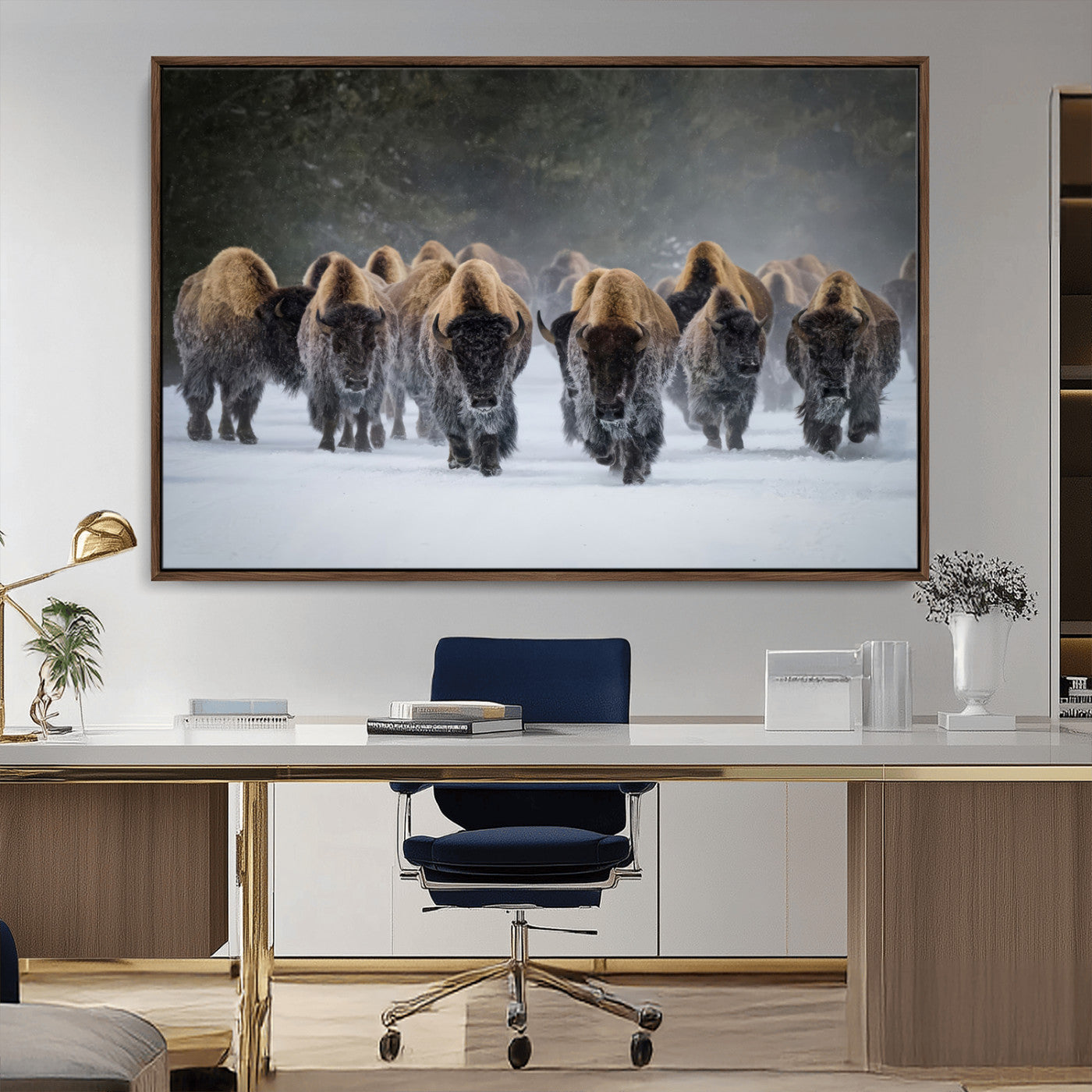 41669135-MGV-CV-36X24-Bison Herd Scene Wall Art Canvas Print, Framed Rustic Wildlife Decor Art Picture Print, Snowy Bison Landscape Perfect Rustic