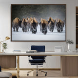 41669135-MGV-FC-36X24_Walnut-Bison Herd Scene Wall Art Canvas Print, Framed Rustic Wildlife Decor Art Picture Print, Snowy Bison Landscape Perfect Rustic
