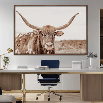 77810049-MGV-CV-36X24-Longhorn Bull Photo Wall Art Canvas Print, Framed Rustic Cow Decor Art Picture Print, Neutral Farmhouse Style Perfect Rustic