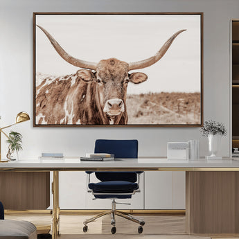 77810049-MGV-CV-36X24-Longhorn Bull Photo Wall Art Canvas Print, Framed Rustic Cow Decor Art Picture Print, Neutral Farmhouse Style Perfect Rustic