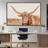 74406977-MGV-CV-36X24-Longhorn Bull Decor Wall Art Canvas Print, Framed Western Cow Theme Art Picture Print, Rustic Farmhouse Wall Perfect Neutral
