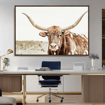 98924580-MGV-CV-36X24-Texas Longhorn Bull Wall Art Canvas Print, Framed Rustic Farmhouse Decor Art Picture Print, Western Animal Theme Perfect Rustic