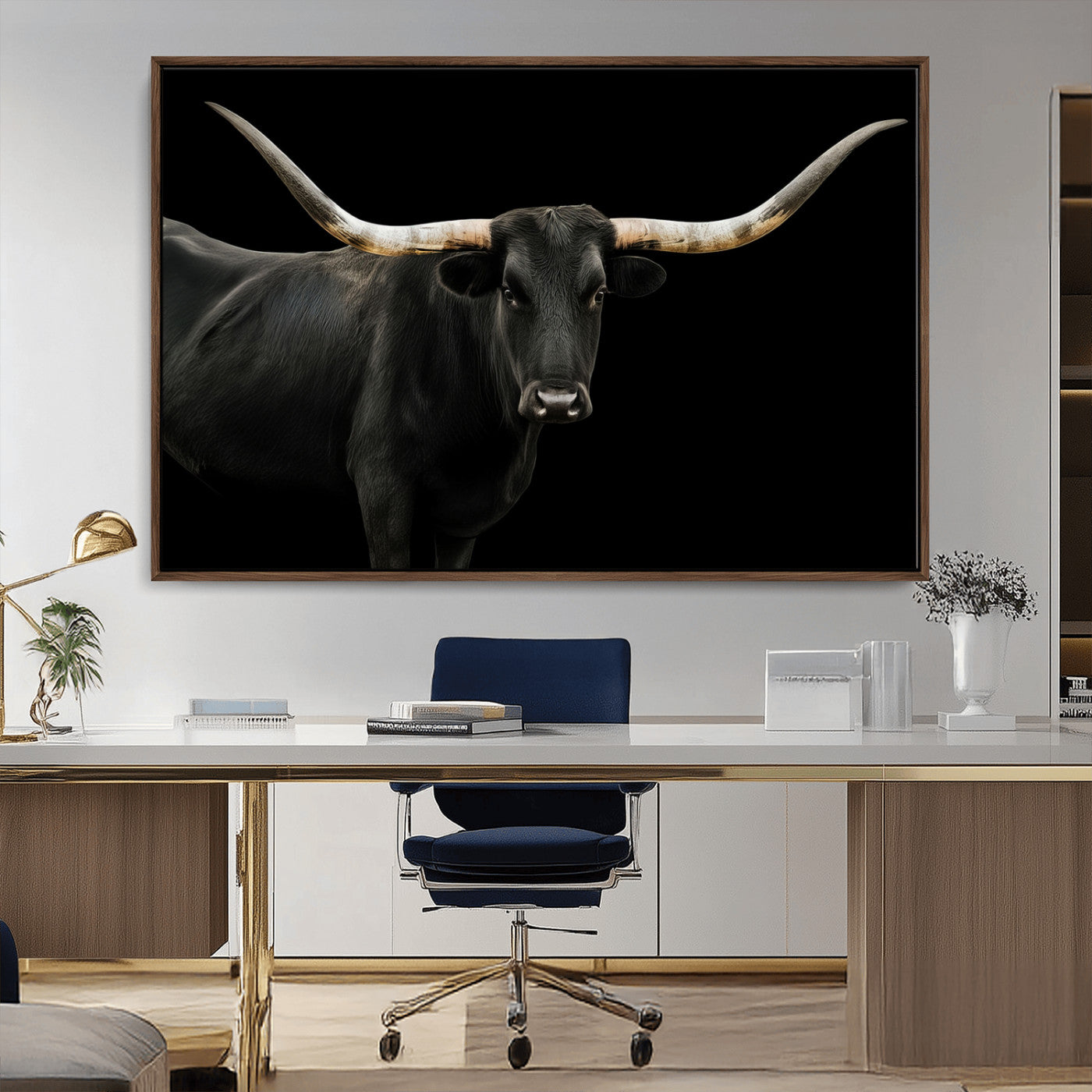 23572907-MGV-CV-36X24-Texas Longhorn Wall Art Canvas Print, Framed Rustic Western Decor Art Picture Print, Farmhouse Animal Perfect Modern Western