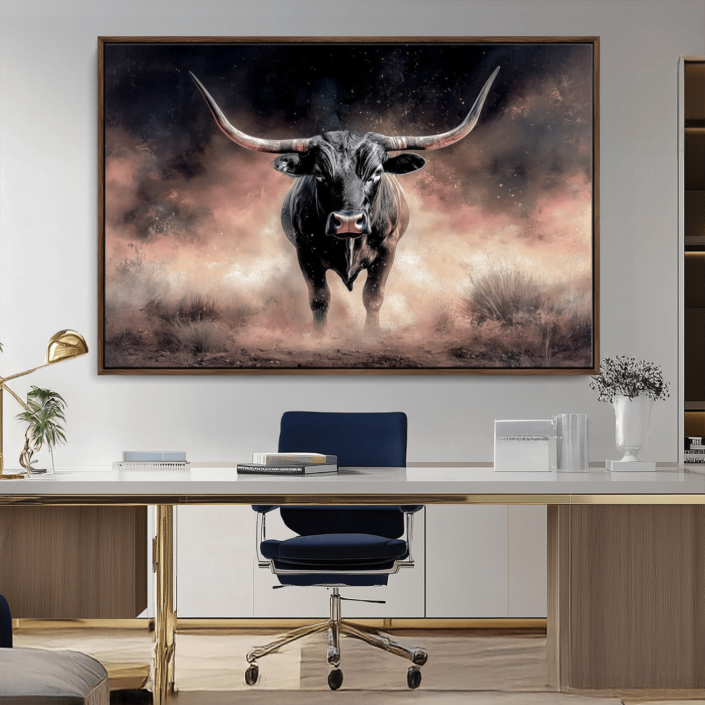 71457818-MGV-CV-36X24-Longhorn Wall Art Wall Art Canvas Print, Framed Western Bull Canvas Art Picture Print, Rustic Cow Decor Perfect Western Dramatic