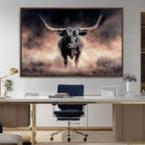 71457818-MGV-CV-36X24-Longhorn Wall Art Wall Art Canvas Print, Framed Western Bull Canvas Art Picture Print, Rustic Cow Decor Perfect Western Dramatic