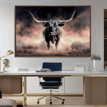 71457818-MGV-CV-36X24-Longhorn Wall Art Wall Art Canvas Print, Framed Western Bull Canvas Art Picture Print, Rustic Cow Decor Perfect Western Dramatic