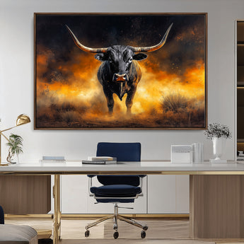 58293979-MGV-CV-36X24-Longhorn Canvas Wall Art Canvas Print, Framed Bold Bull Wall Art Art Picture Print, Western Animal Decor Perfect Western Dramatic