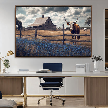 51092814-MGV-CV-36X24-Texas Longhorn Wall Art Wall Art Canvas Print, Framed Rustic Barn Canvas Art Picture Print, Farmhouse Cow Decor Perfect Rustic