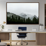 55968349-MGV-CV-36X24-Misty Mountains Wall Art Canvas Print, Framed Foggy Forest Art Picture Print, Snowy Peaks Perfect Moody Wilderness Decor Artwork