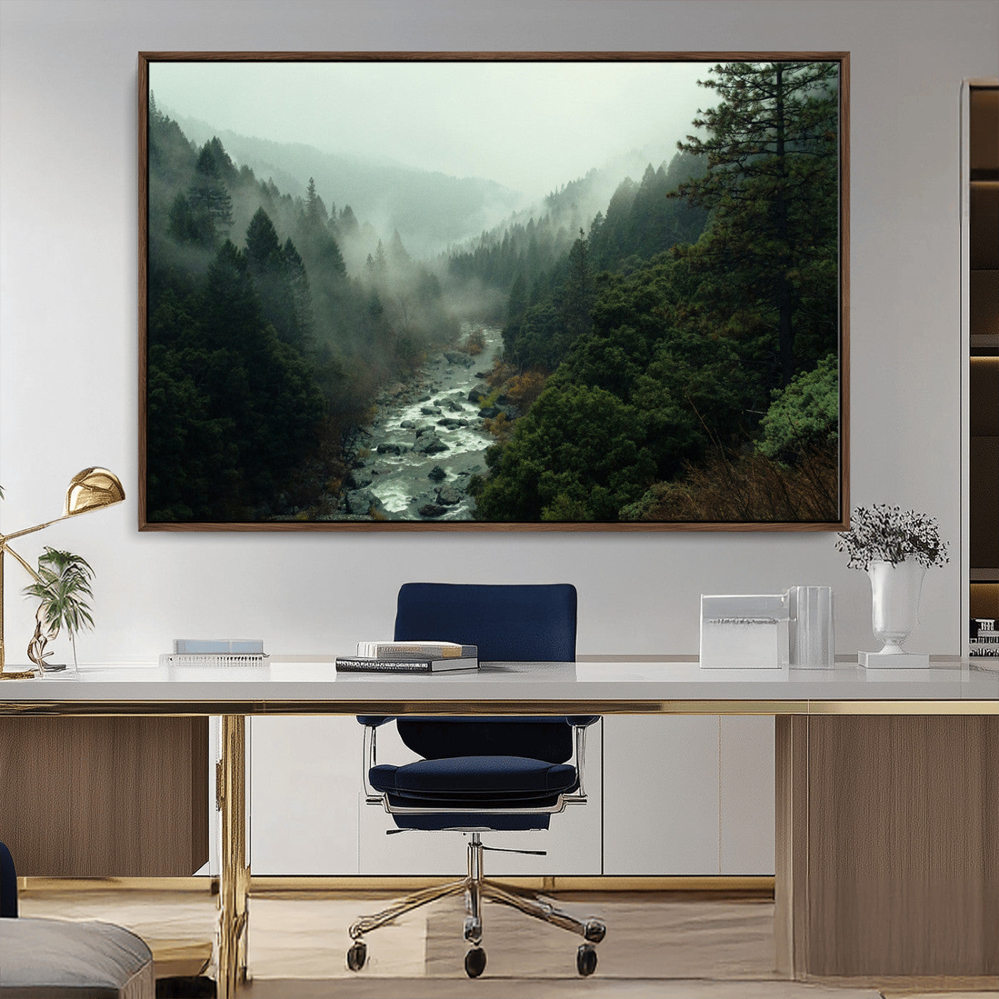 48497565-MGV-CV-36X24-Misty Forest Wall Art Canvas Print, Framed Foggy River Art Picture Print, Moody Landscape Perfect Moody Wilderness Decor Artwork