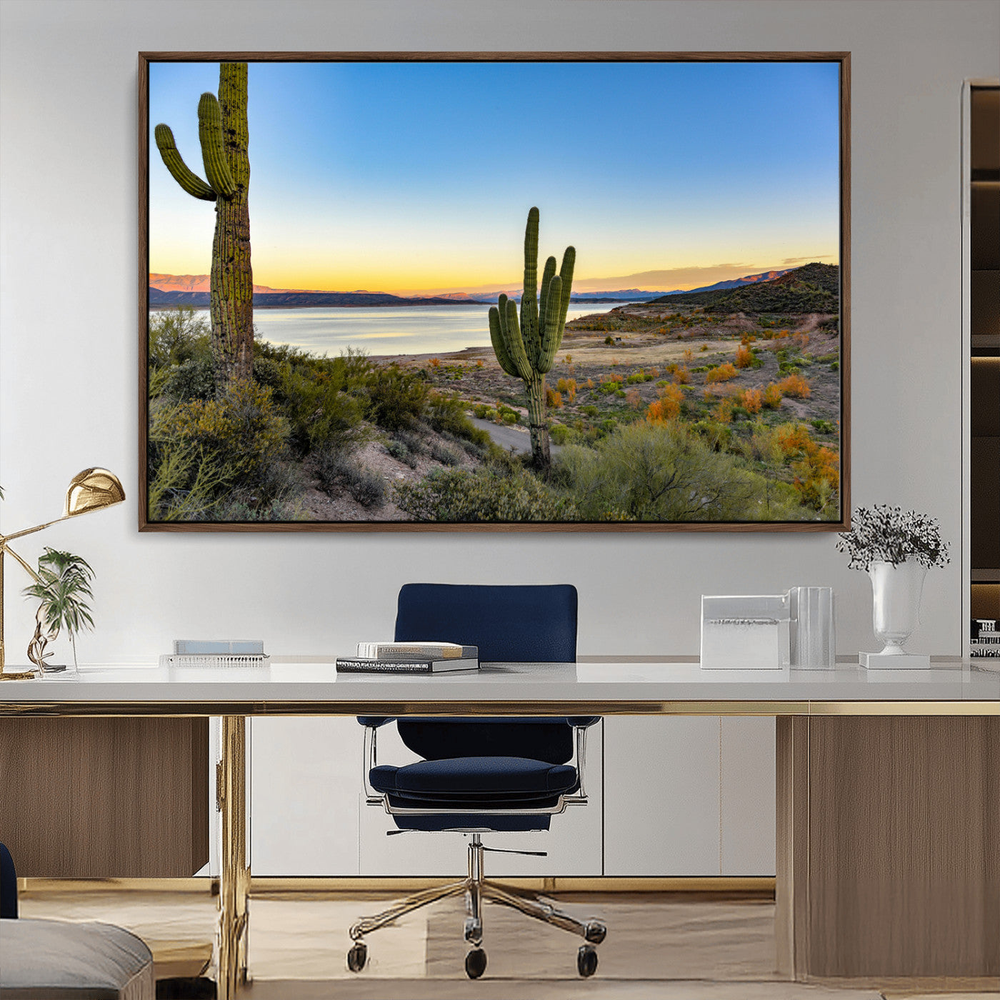 52844711-MGV-FC-36X24_Walnut-Saguaro Cactus Wall Art Canvas Print, Framed Desert Sunset Art Picture Print, Southwestern Scene Perfect Southwestern Rustic Decor