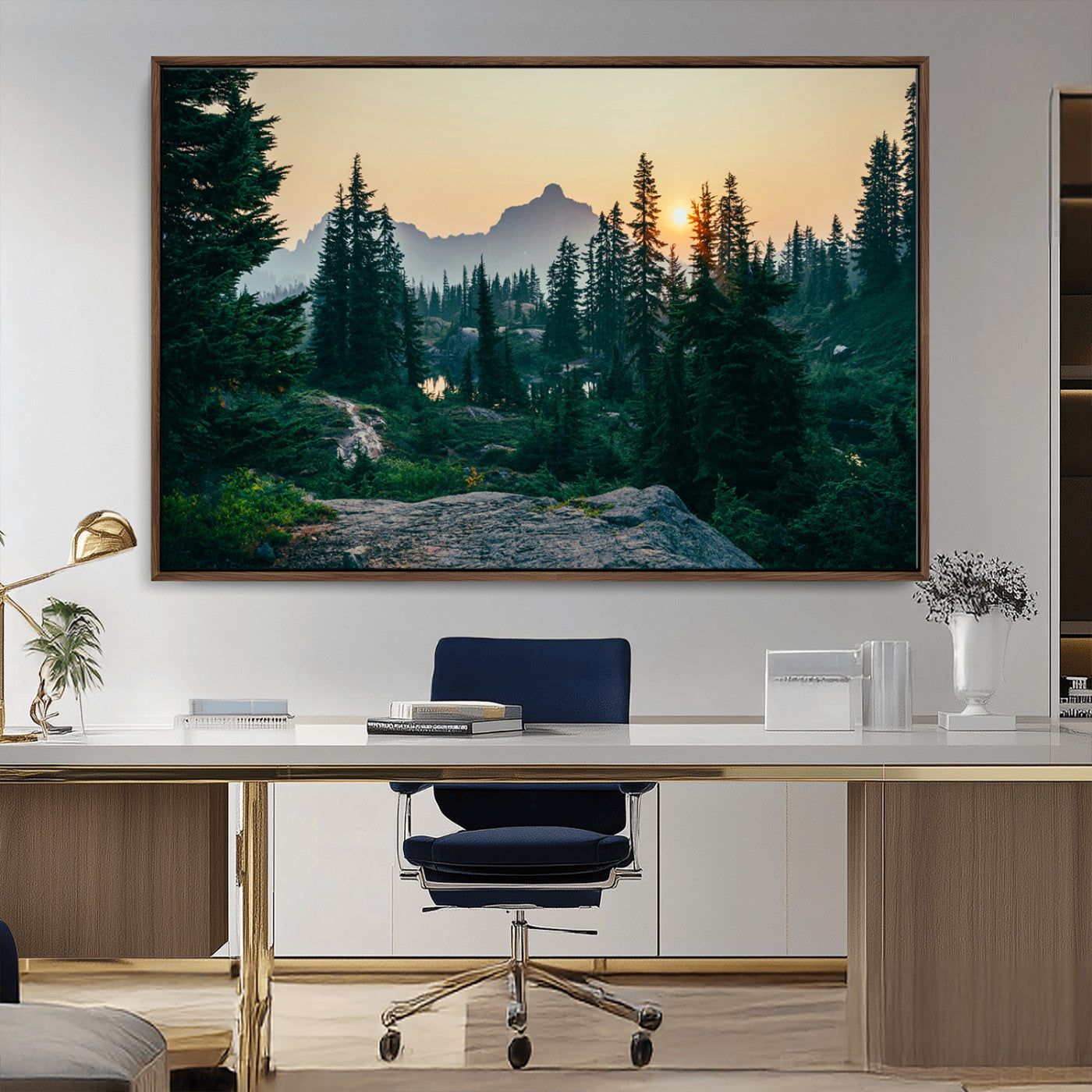 66397982-MGV-FC-36X24_Walnut-Mountain Landscape Wall Art Canvas Print, Framed Forest Serenity Art Picture Print, Mountain Landscape Perfect Rustic Wilderness