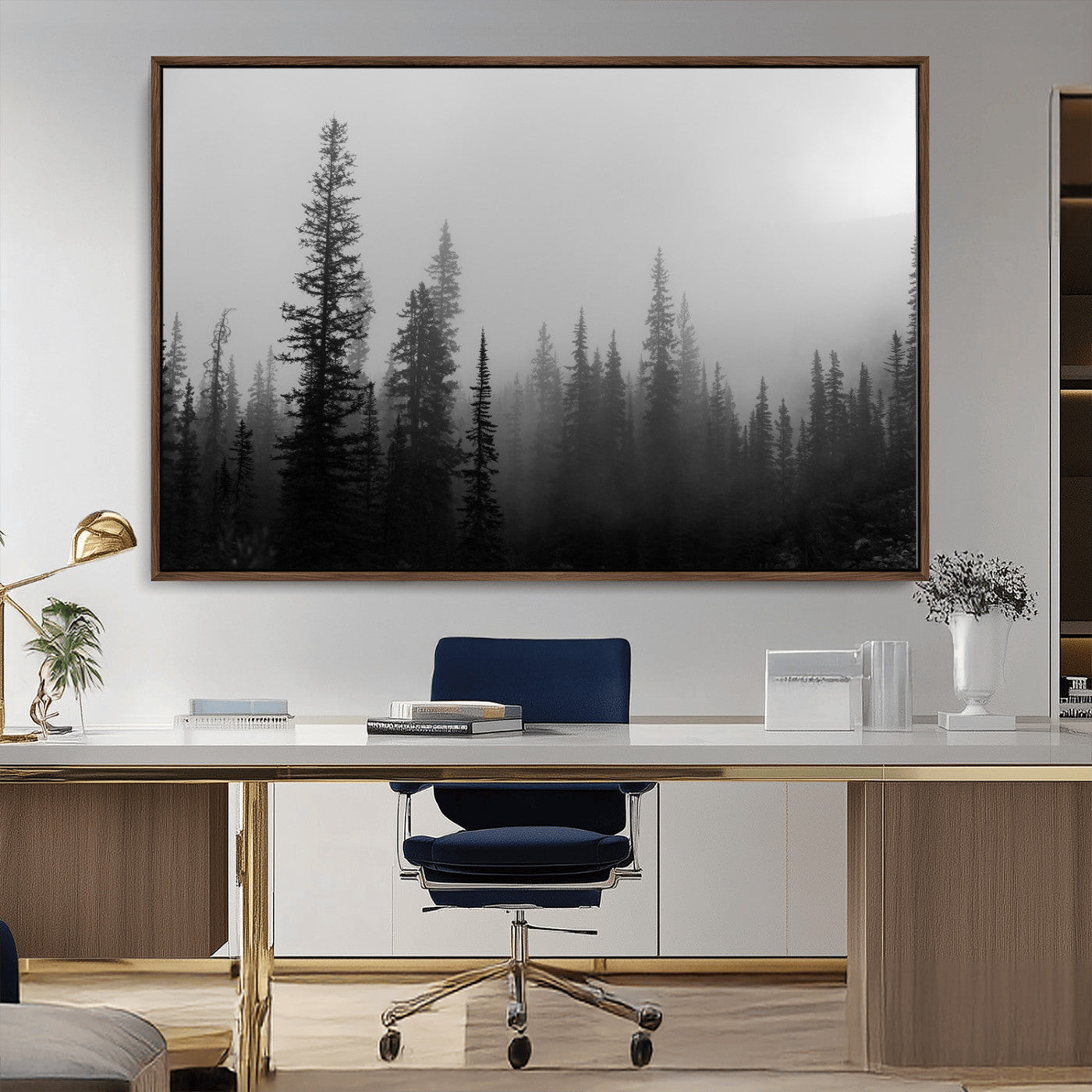 73138900-MGV-CV-36X24-Misty Pines Wall Art Canvas Print, Framed Woodland Photography Art Picture Print, Minimalist Decor Perfect Modern Rustic Decor