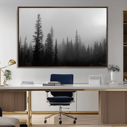 73138900-MGV-CV-36X24-Misty Pines Wall Art Canvas Print, Framed Woodland Photography Art Picture Print, Minimalist Decor Perfect Modern Rustic Decor