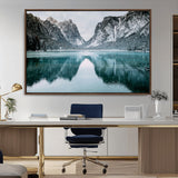73098373-MGV-CV-36X24-Mountain Lake Wall Art Canvas Print, Framed Winter Wonderland Art Picture Print, Snowy Peaks Perfect Modern Nature Decor Artwork
