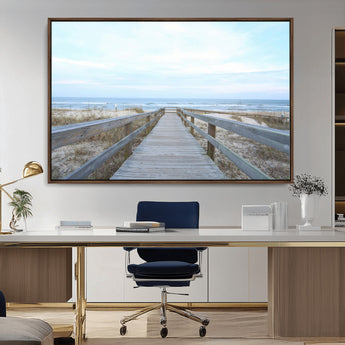 31602988-MGV-CV-36X24-Beach Boardwalk Wall Art Canvas Print, Framed Coastal Serenity Art Picture Print, Ocean View Perfect Coastal Minimalist Decor