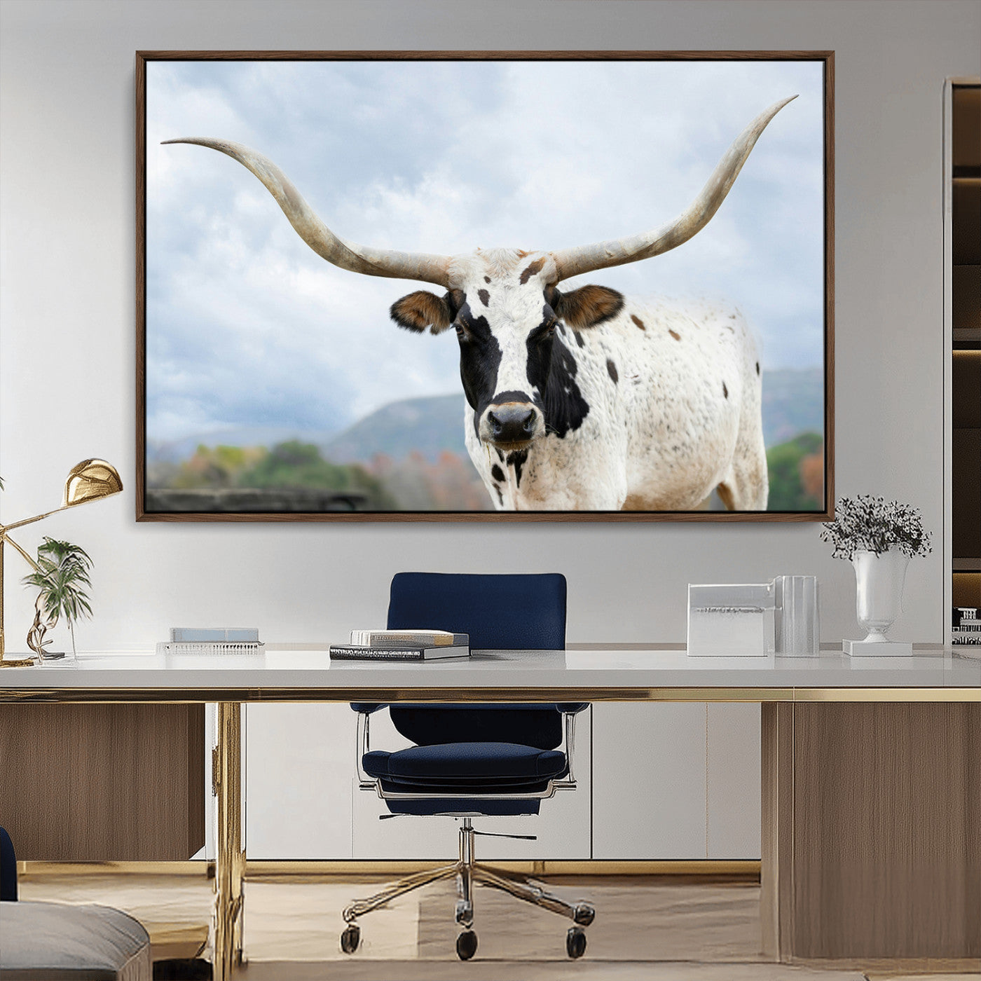 63592811-MGV-CV-36X24-Texas Longhorn Wall Art Canvas Print, Framed Western Rustic Art Picture Print, Farmhouse Decor Perfect Rustic Farmhouse Decor