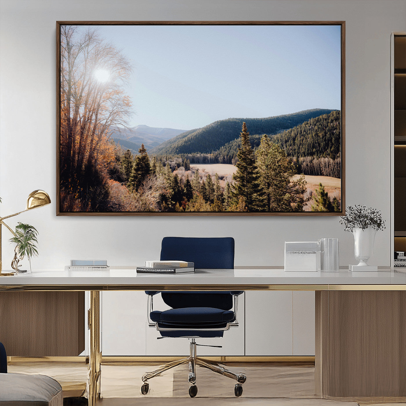 52941305-MGV-CV-36X24-Rustic Landscape Wall Art Canvas Print, Framed Serene Valley Art Picture Print, Pine Tree Horizon Perfect Rustic Cabin Decor