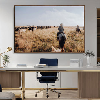 22431577-MGV-CV-36X24-Western Wall Art Wall Art Canvas Print, Framed Cowboy Canvas Art Picture Print, Cattle Drive Scene Perfect Rustic Western Decor