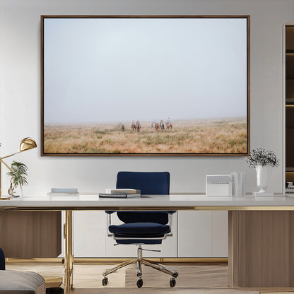 14761944-MGV-CV-36X24-Foggy Plains Wall Art Canvas Print, Framed Horseback Riders Art Picture Print, Rustic Western Perfect Rustic Western Decor Artwork