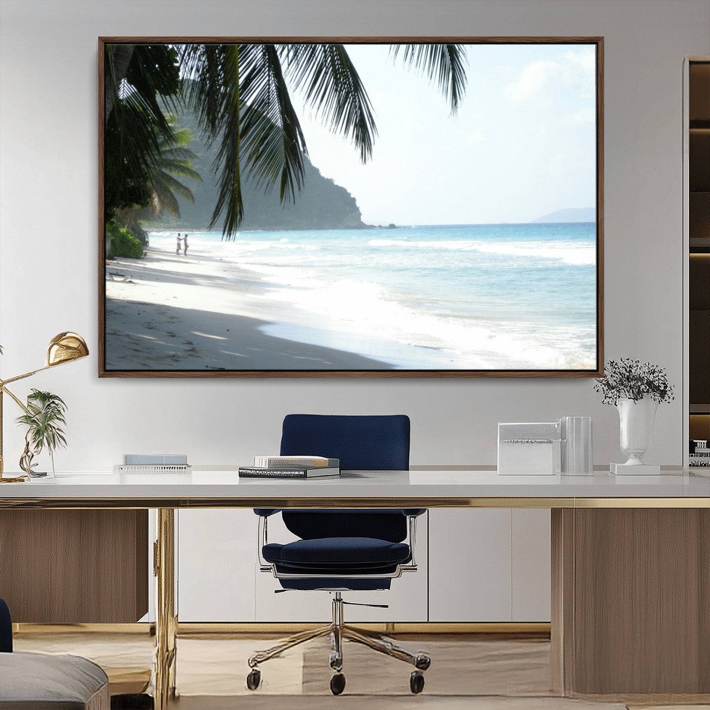 18311030-MGV-CV-36X24-Tropical Beach Wall Art Canvas Print, Framed Serene Ocean Art Picture Print, Palm Tree Shadows Perfect Tropical Coastal Decor