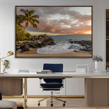 55108220-MGV-CV-36X24-Tropical Beach Wall Art Canvas Print, Framed Hawaiian Sunset Art Picture Print, Ocean Waves Perfect Coastal Tropical Decor Artwork