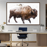 94261165-MGV-CV-36X24-Snowy Buffalo Wall Art Canvas Print, Framed Wildlife Photography Art Picture Print, Brown Tones Perfect Rustic Lodge Decor Decor