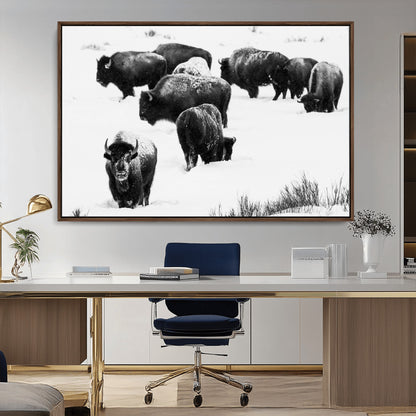 18914414-MGV-FC-36X24_Walnut-Buffalo Herd Wall Art Canvas Print, Framed Black and White Art Picture Print, Snowy Landscape Perfect Rustic Lodge Decor Decor