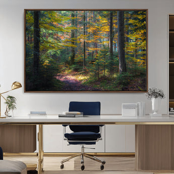 65810864-MGV-CV-36X24-Autumn Forest Wall Art Canvas Print, Framed Fall Woodland Art Picture Print, Golden Leaves Perfect Rustic Farmhouse Decor Artwork