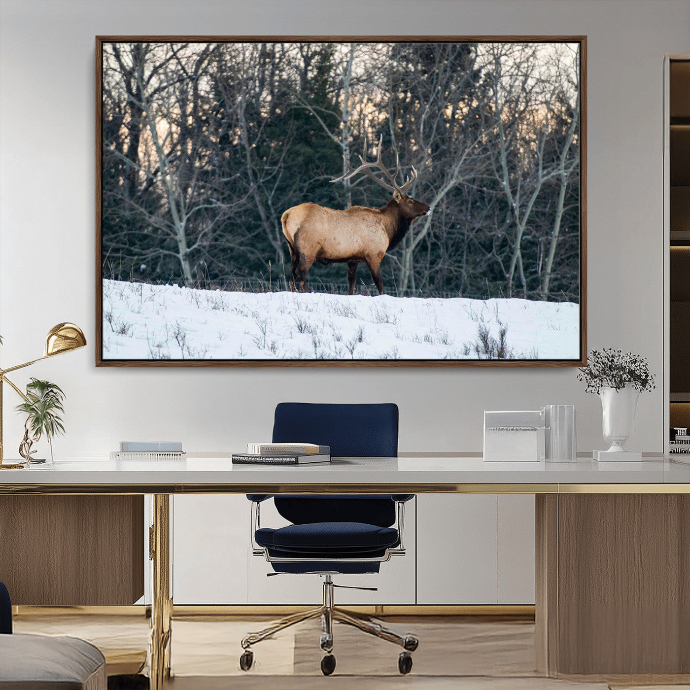 36533178-MGV-CV-36X24-Wild Elk Photography Wall Art Canvas Print, Framed Winter Wildlife Art Picture Print, Snowy Forest Perfect Rustic Lodge Decor