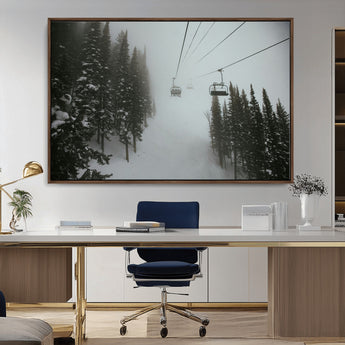 87018452-MGV-CV-36X24-Ski Lift Wall Art Canvas Print, Framed Snowy Pines Art Picture Print, Misty Landscape Perfect Winter Serenity Decor Artwork
