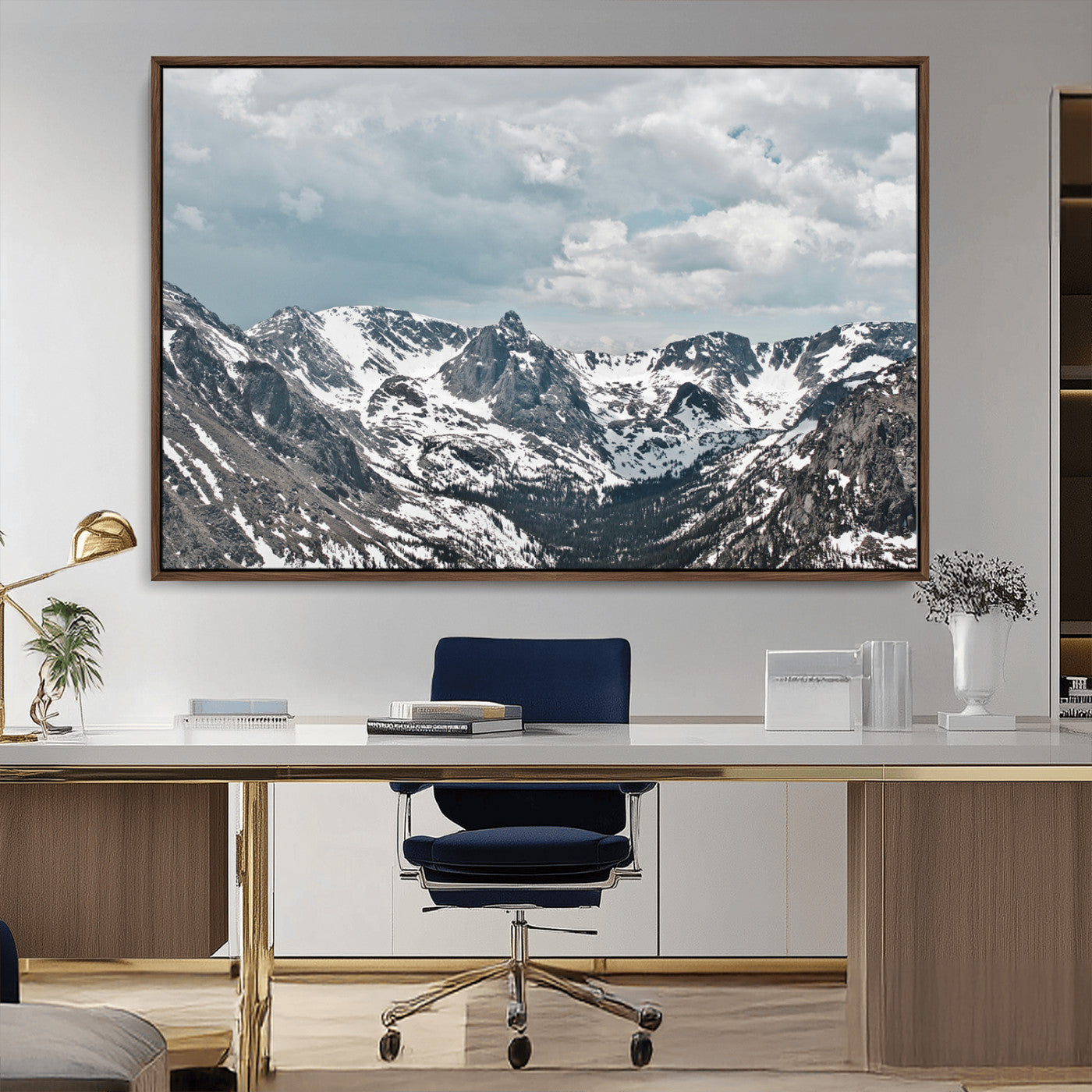94074619-MGV-FC-36X24_Walnut-Snowy Peaks Wall Art Canvas Print, Framed Alpine Wilderness Art Picture Print, Mountain Escape Perfect Winter Serenity Decor