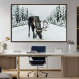 13316292-MGV-CV-36X24-Moose in Snow Wall Art Canvas Print, Framed Winter Wildlife Art Picture Print, Snowy Forest Scene Perfect Rustic Lodge Decor