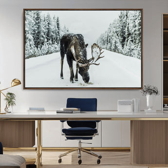 13316292-MGV-CV-36X24-Moose in Snow Wall Art Canvas Print, Framed Winter Wildlife Art Picture Print, Snowy Forest Scene Perfect Rustic Lodge Decor