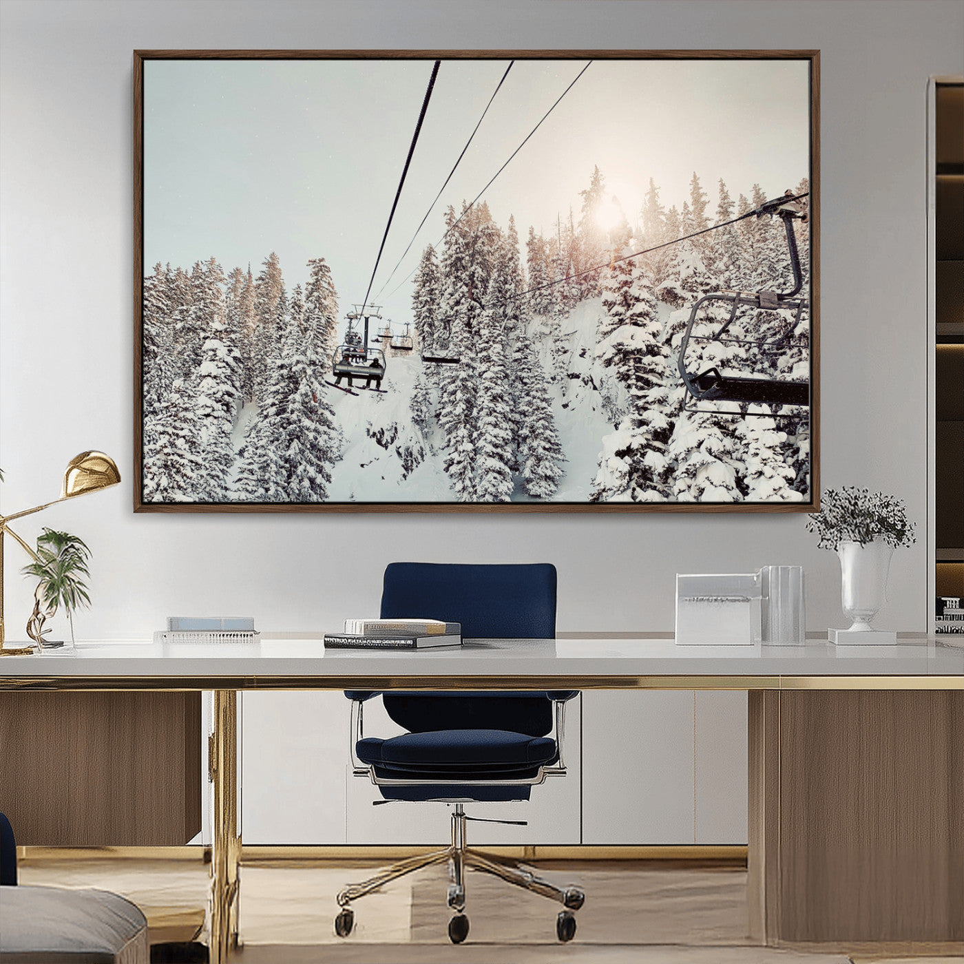 91534512-MGV-CV-36X24-Frosty Pines Wall Art Canvas Print, Framed Cozy Cabin View Art Picture Print, Ski Lift Ride Perfect Rustic Lodge Decor Artwork