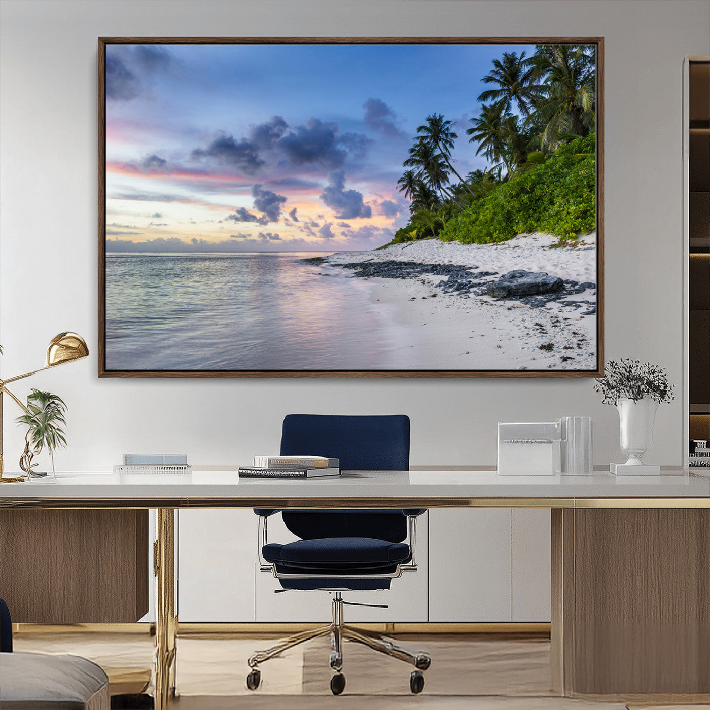 75045485-MGV-CV-36X24-Tropical Beach Wall Art Canvas Print, Framed Sunset Glow Art Picture Print, Palm Tree Coast Perfect Tropical Coastal Decor Artwork