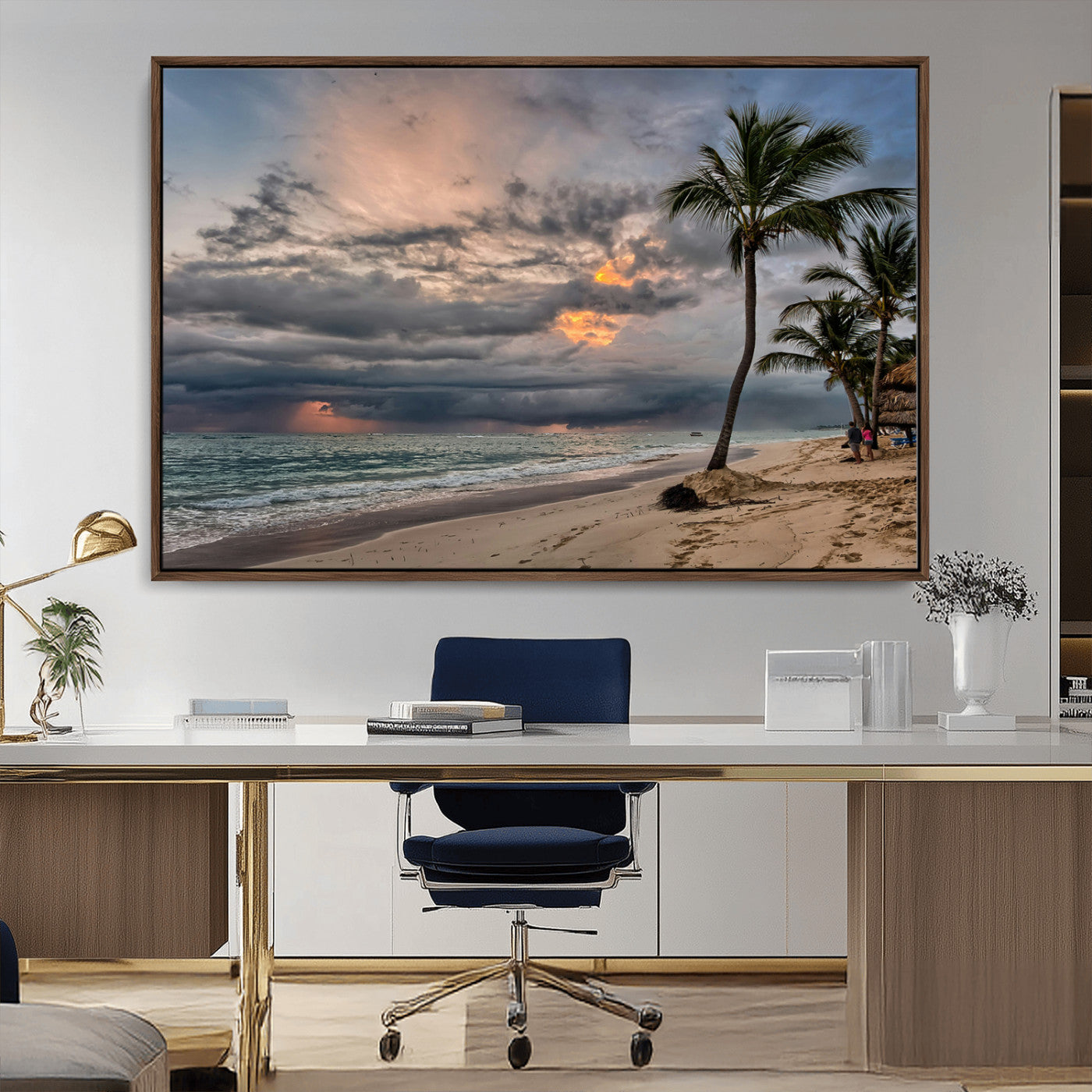 62574547-MGV-CV-36X24-Tropical Storm Wall Art Canvas Print, Framed Moody Beach Art Picture Print, Dramatic Sky Perfect Tropical Coastal Decor Artwork