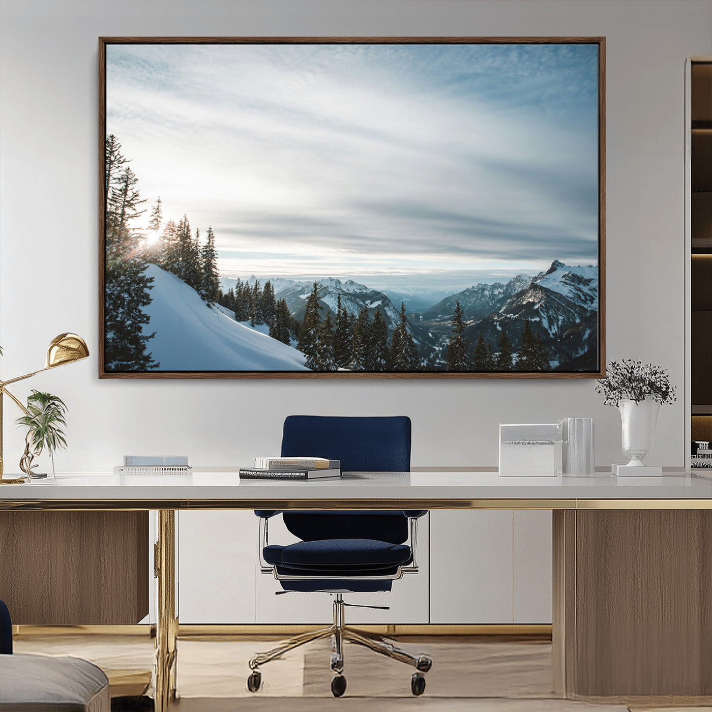 55564749-MGV-CV-36X24-Snowy Mountains Wall Art Canvas Print, Framed Alpine Landscape Art Picture Print, Frosty Peaks Perfect Nordic Minimalist Decor