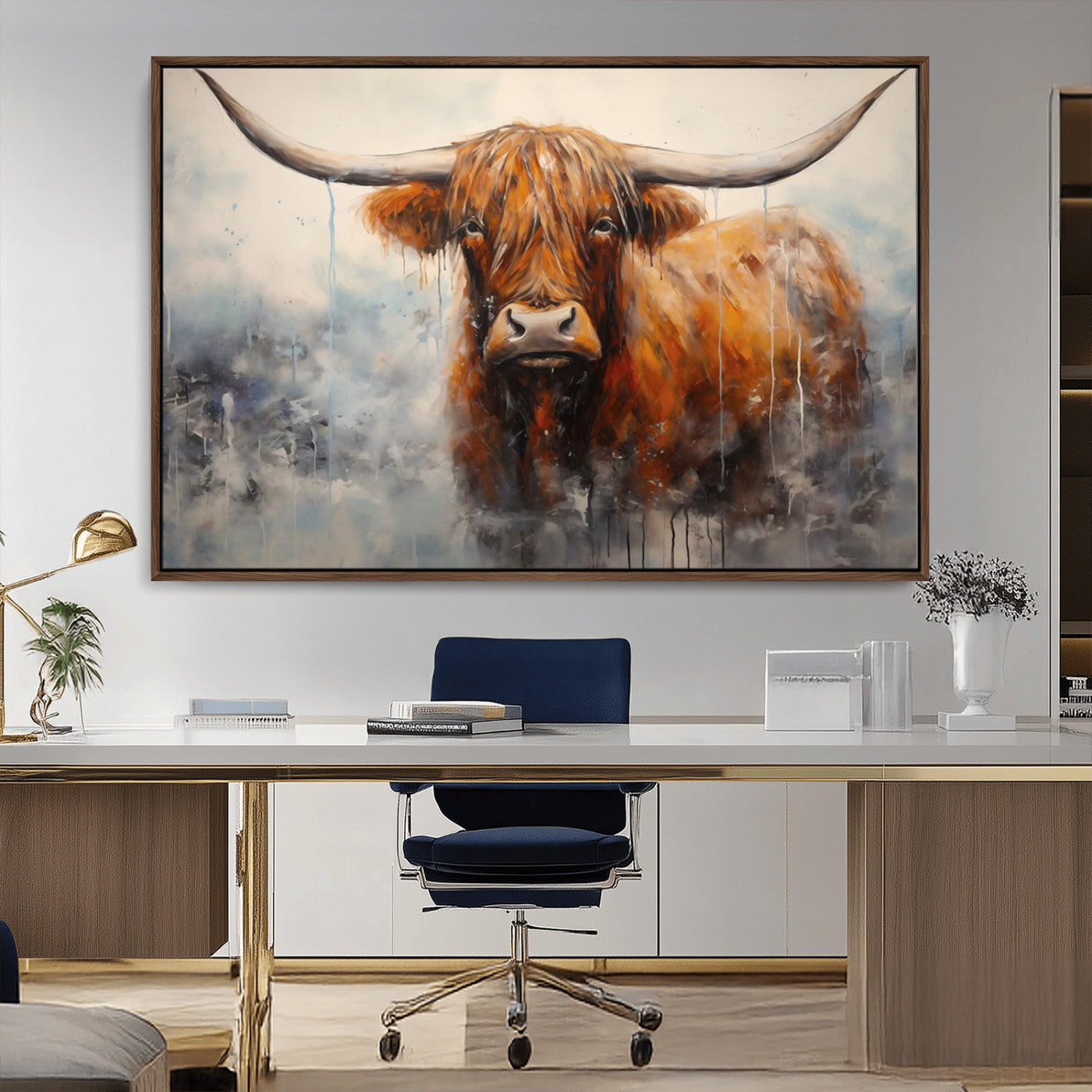 X61001-MGV-CV-36X24-Scottish Highland Wall Art Canvas Print, Framed Longhorn Art Picture Print, Western Cow Perfect Farmhouse Decor Artwork