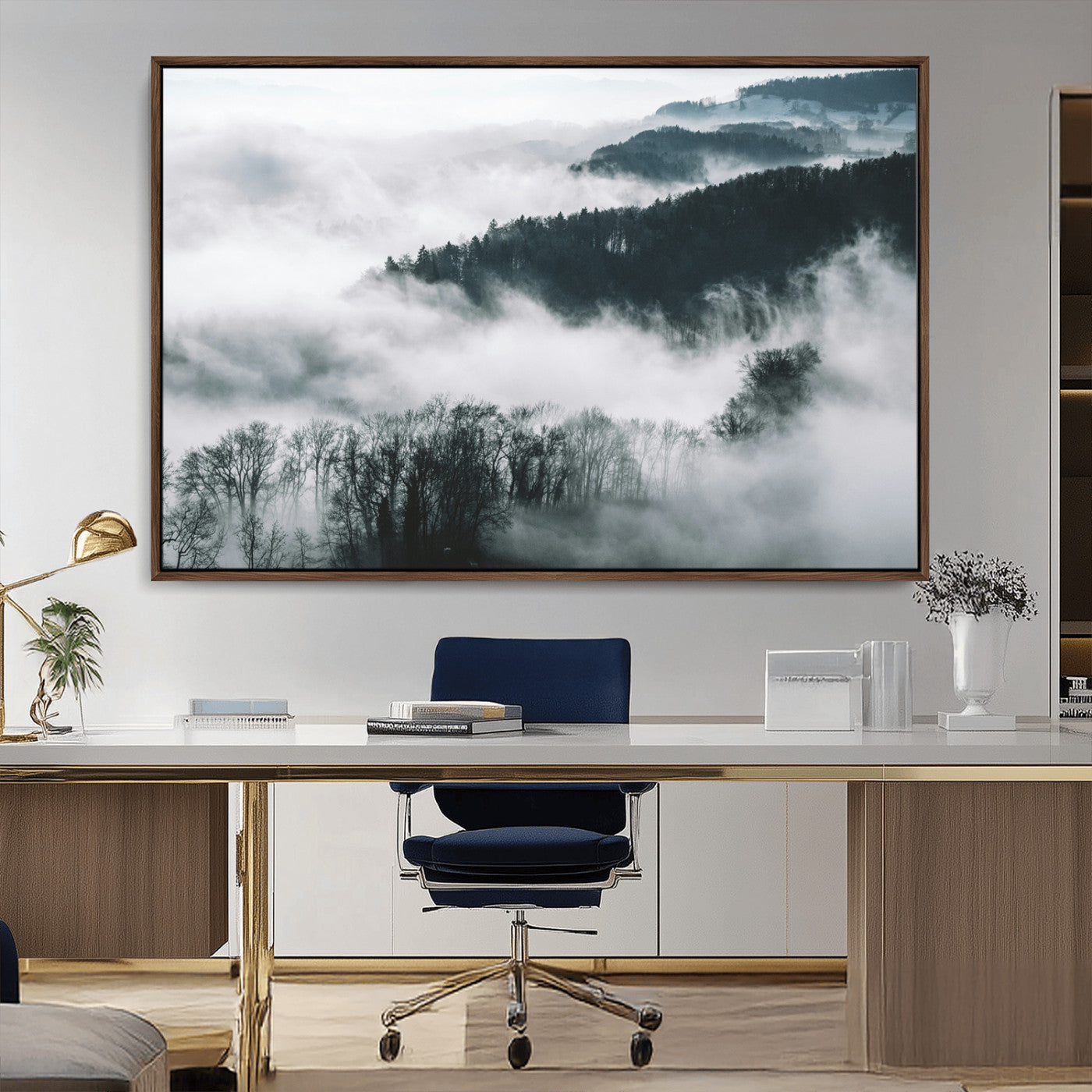 67569654-MGV-CV-36X24-Foggy Forest Wall Art – Mist Covered Hills and Trees Landscape Canvas Print, Moody Nature Photography Decor for Living Room,