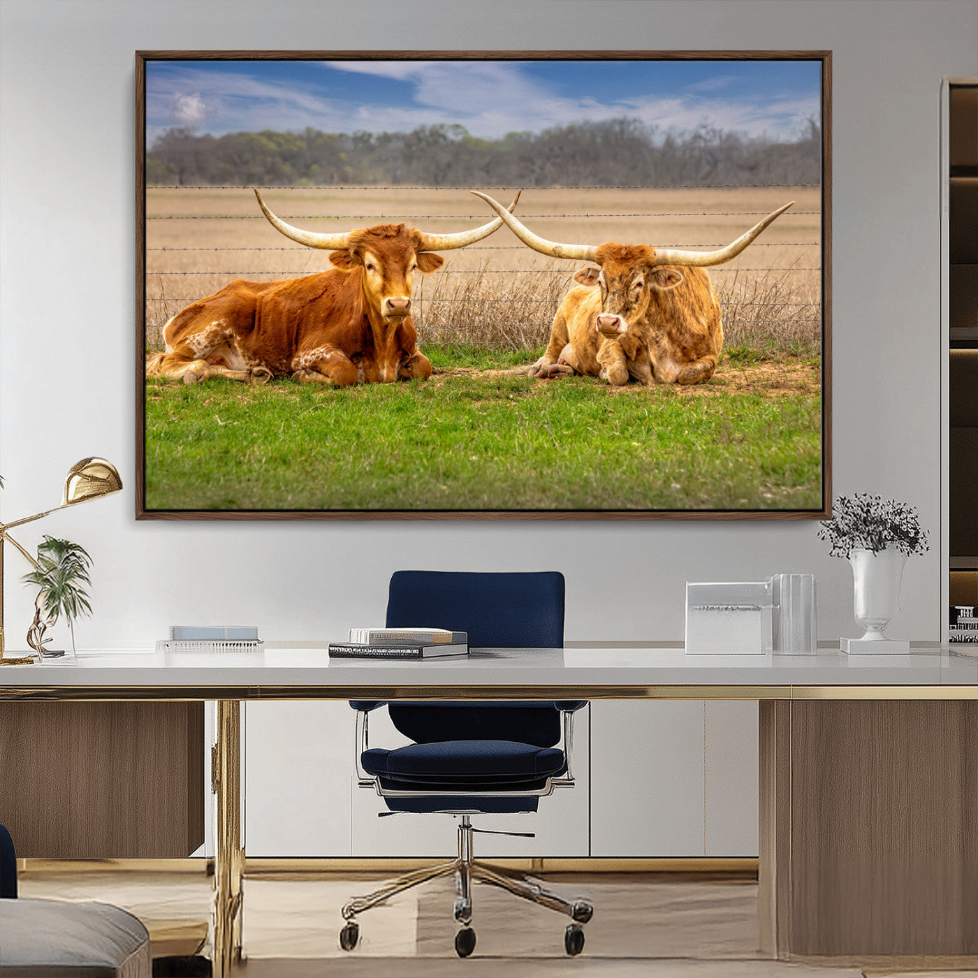 54598515-MGV-CV-36X24-Texas Longhorns Wall Art – Rustic Cattle Ranch Canvas Print, Western Farmhouse Animal Photography Decor for Living Room, Office,