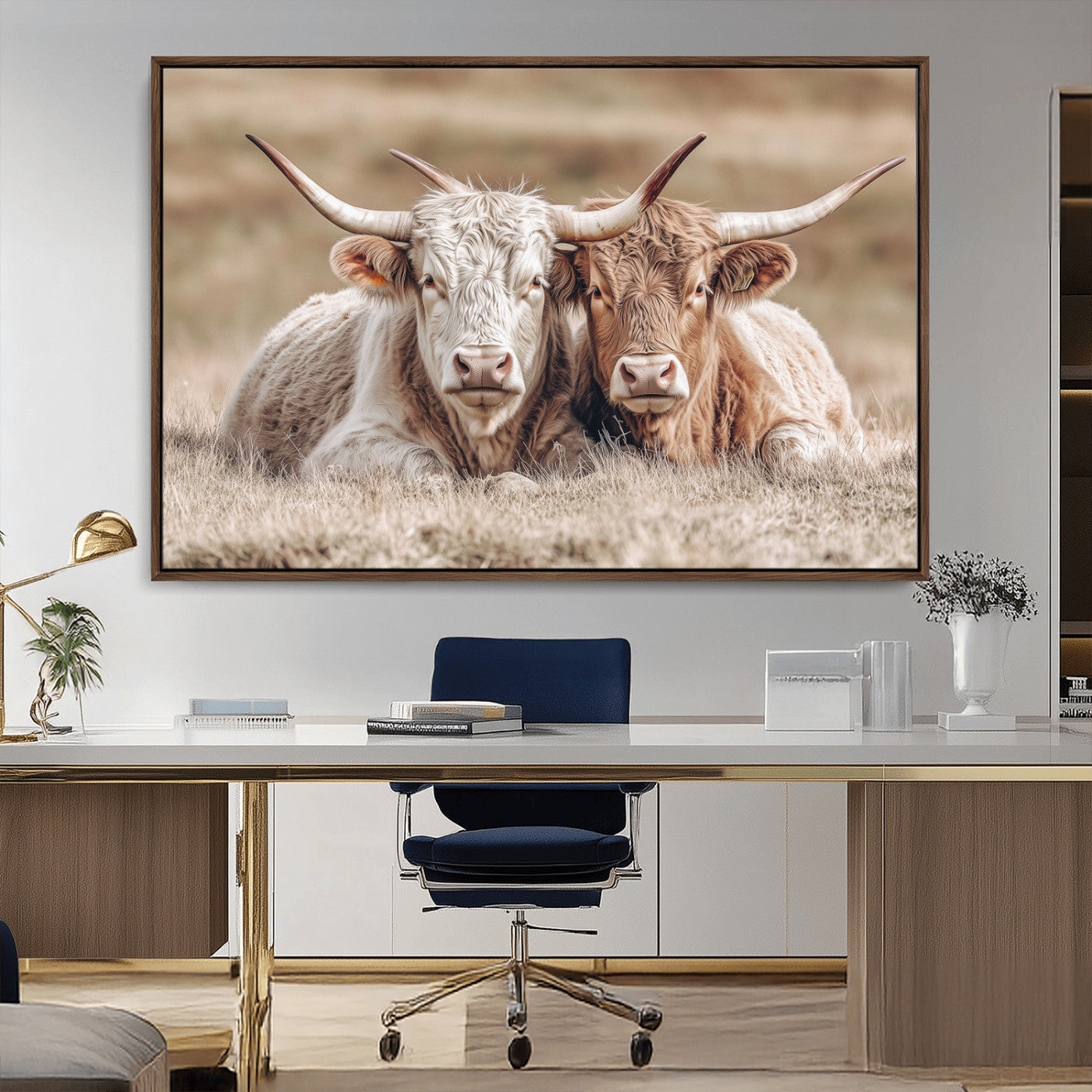38651722-MGV-CV-36X24-Cow Wall Art – Rustic Longhorn Pair Canvas Print, Western Farmhouse Animal Painting, Country Ranch Decor for Living Room, Bedroom,