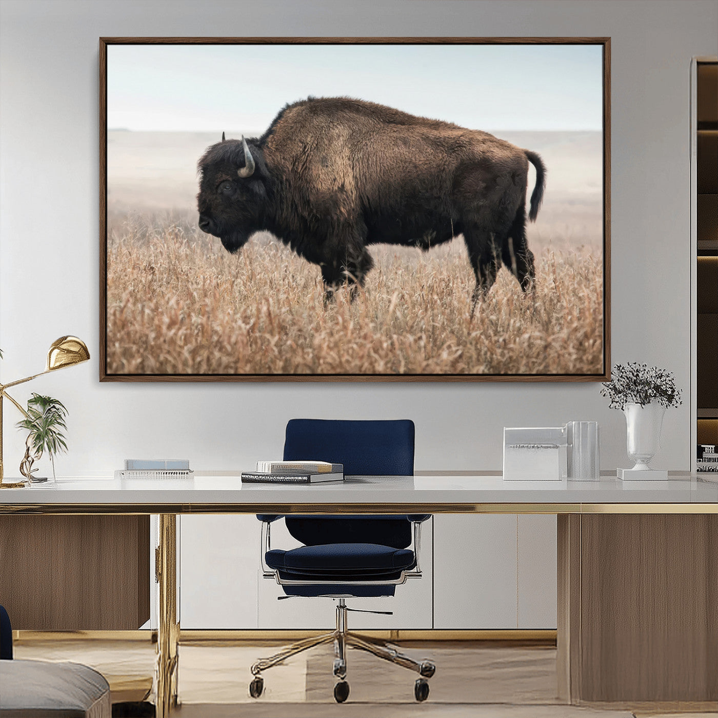69909079-MGV-CV-36X24-Bison Wall Art – Majestic Buffalo Canvas Print in Prairie Grasslands, Rustic Western Animal Painting, Farmhouse Ranch Decor for
